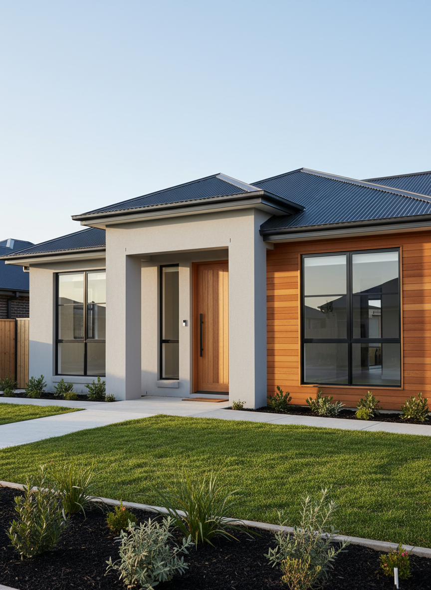 A newly completed contemporary family home with clean architectural lines, smooth light-gray render, and warm natural timber cladding, standing on a neatly landscaped suburban lot. The façade features large double-glazed windows, a charcoal metal roof, and a wide, inviting front entry with a solid oak door and sleek black hardware. Soft late-afternoon natural light casts gentle shadows that emphasize the textures of the materials and the subtle relief of the façade. The surrounding garden has freshly laid turf, low-maintenance native plants, and a simple concrete path leading to the entrance. Captured in photographic realism from an eye-level perspective with a slight three-quarter angle, the composition uses the rule of thirds and sharp focus throughout, conveying a professional, dependable, and "built for life" atmosphere.
