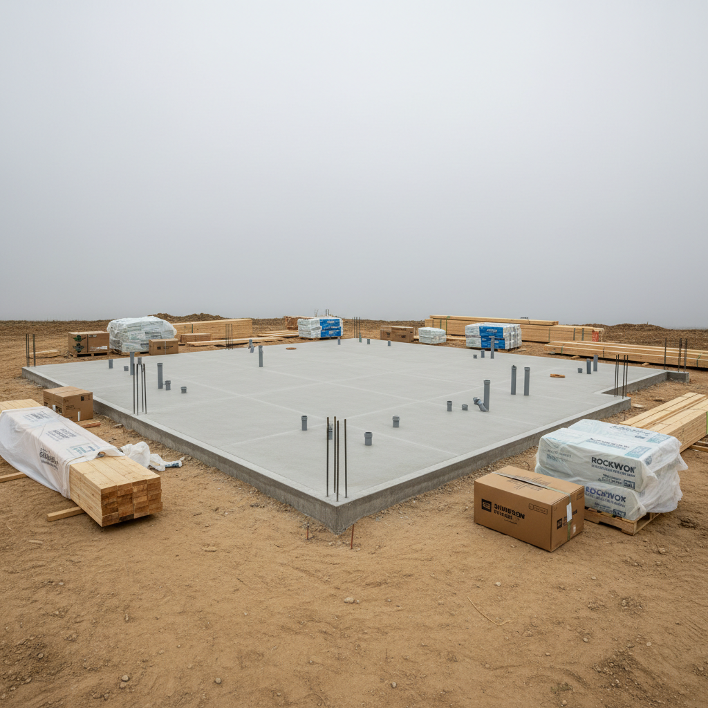 A pristine building site in the early stages of construction for a custom home, featuring a neatly formed and reinforced concrete slab foundation with clearly visible expansion joints, plumbing penetrations, and starter bars. Around the slab, organized stacks of timber framing, neatly wrapped insulation batts, and labeled materials sit on level compacted ground. Overhead, an overcast sky provides soft, even natural light that minimizes harsh shadows and brings out subtle textures in the concrete and timber grain. Photographic realism, captured from a slightly elevated angle to show the whole slab and surrounding preparation in sharp focus. The composition uses clean lines and a balanced frame to convey order, precision, and professionalism, emphasizing the importance of strong, well-executed foundations in creating homes that are truly built for life.