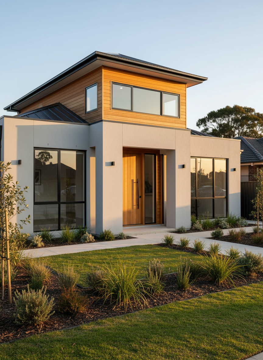 A newly completed contemporary family home with clean architectural lines, smooth light-gray render, and warm natural timber cladding, standing on a neatly landscaped suburban lot. The façade features large double-glazed windows, a charcoal metal roof, and a wide, inviting front entry with a solid oak door and sleek black hardware. Soft late-afternoon natural light casts gentle shadows that emphasize the textures of the materials and the subtle relief of the façade. The surrounding garden has freshly laid turf, low-maintenance native plants, and a simple concrete path leading to the entrance. Captured in photographic realism from an eye-level perspective with a slight three-quarter angle, the composition uses the rule of thirds and sharp focus throughout, conveying a professional, dependable, and "built for life" atmosphere.