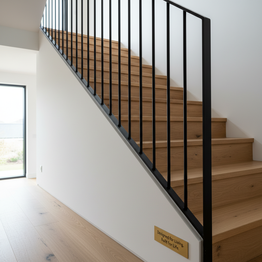 A detailed close-up of a high-quality custom-built staircase in a modern home, showcasing solid oak treads, a smooth white stringer, and a minimalist black steel balustrade with perfectly aligned vertical bars. The timber displays a subtle grain and satin finish, while the steel has a matte powder-coated texture. Soft diffused daylight from a nearby window washes over the staircase, creating gentle, elongated shadows on the adjacent white wall and emphasizing the precise joinery. Photographic realism, captured from a low-angle perspective looking upwards along the handrail, with a shallow depth of field that keeps the midsection of the stairs in crisp focus while softly blurring the upper floor. The composition feels refined, professional, and enduring, highlighting craftsmanship and structural integrity central to "Designed for Living. Built for Life."