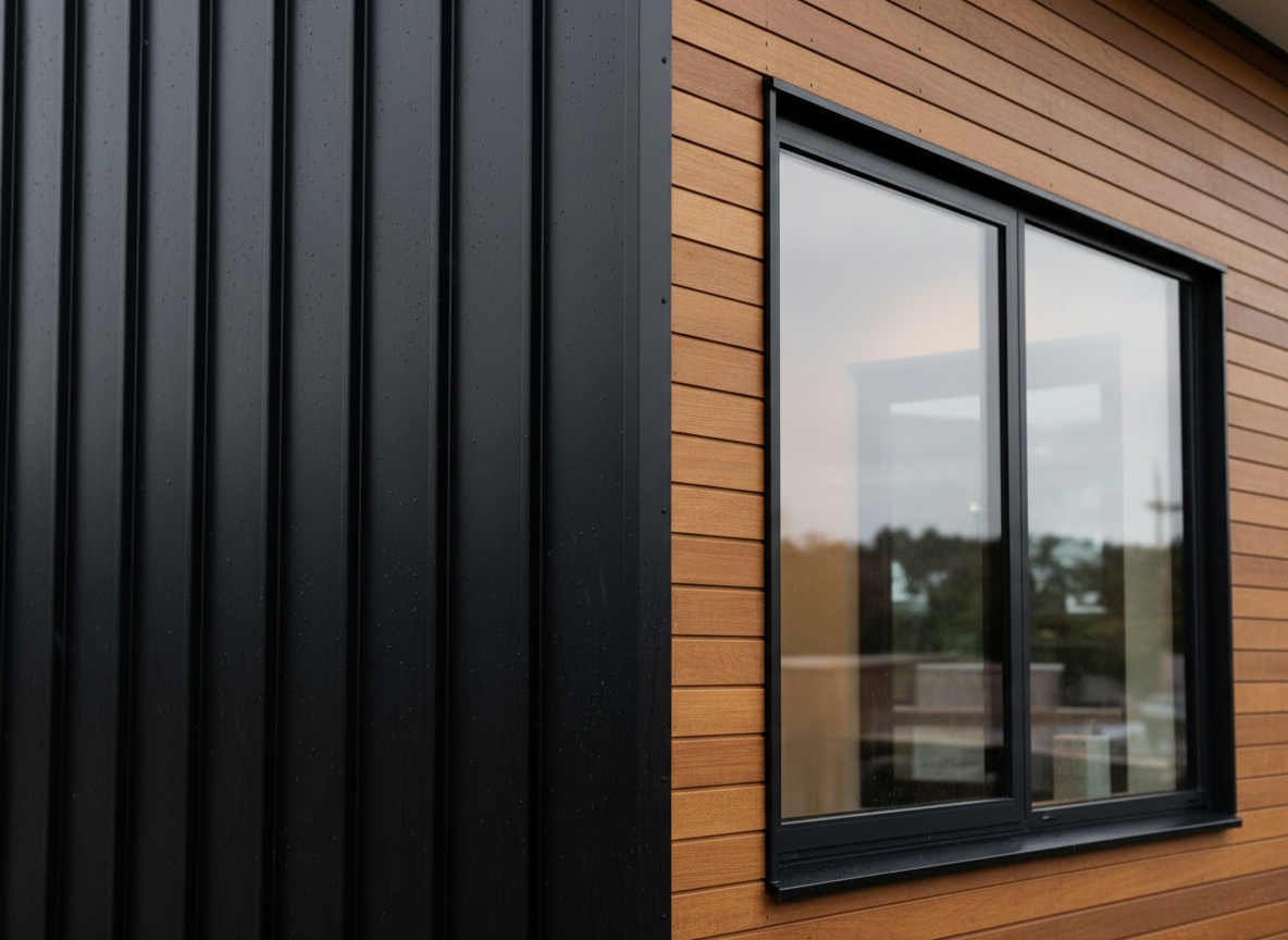 A weather-resilient exterior detail of a modern home, featuring a combination of vertically oriented black metal cladding and horizontal thermally modified timber battens, carefully flashed around a large, double-glazed picture window with slim black frames. Fine water droplets from a recent light rain sit on the metal surface, while the timber displays rich, warm tones and a smooth, oiled finish. Soft, diffused overcast daylight creates a gentle sheen on the materials and subtle reflections in the glass, hinting at a tastefully finished interior beyond. Photographic realism, captured in a tight, angled close-up that emphasizes the precise junctions, waterproofing details, and alignment of fixings. The overall mood is robust yet refined, underlining durability, weatherproofing, and long-term performance as key components of a home built to last.
