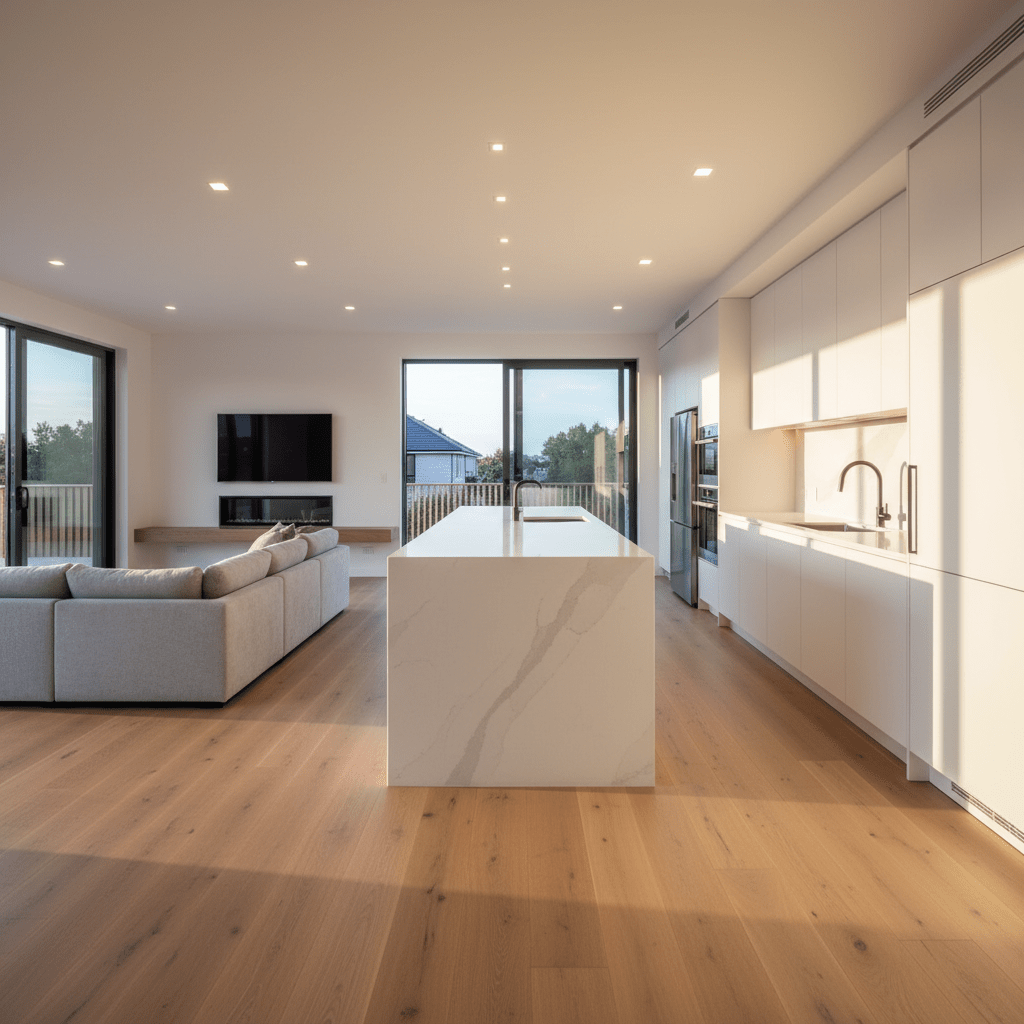 A spacious open-plan living and kitchen area in a newly built home, featuring wide-plank oak flooring, matte-white cabinetry, and a large quartz island with waterfall edges. Stainless steel appliances, a minimalist black tap, and subtle under-cabinet lighting accent the modern design. Full-height sliding glass doors open to a private deck, allowing soft golden-hour light to flood the space, creating gentle reflections on the island and faint shadows along the joinery. The setting is tidy and uncluttered, with only built-in architectural elements visible. Photographic realism, shot at eye level with a slightly wide lens to capture the entire space, maintaining sharp focus from foreground to background. The mood is calm, welcoming, and highly functional, expressing the idea of a home thoughtfully designed for everyday living and long-term durability.