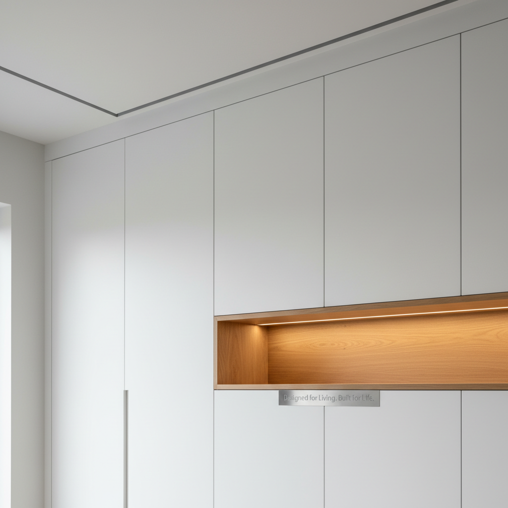 An impeccably detailed architectural joinery corner inside a newly built home, highlighting the precise intersection between a floor-to-ceiling built-in storage unit, a shadow-line ceiling junction, and skirting-free plasterboard walls. The cabinetry is finished in smooth matte white with push-to-open panels, contrasted by a recessed niche in warm light oak veneer. Recessed LED strip lighting in the niche casts a soft, warm glow that gently illuminates the wood grain, while cooler diffused daylight from an unseen window provides overall ambient light. Photographic realism, shot in close-up at eye level with shallow depth of field, focusing sharply on the join lines and shadow gaps. The mood is quiet, meticulous, and sophisticated, expressing a professional commitment to detail and finish quality that supports the brand promise "Designed for Living. Built for Life."