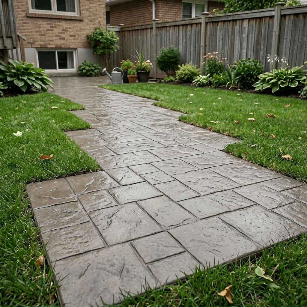 Cracked concrete stepping stones on grass in a backyard garden