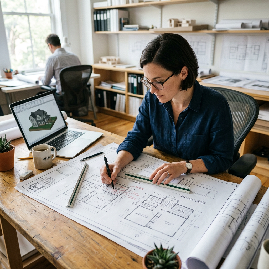 Architect reviewing home blueprints on desk