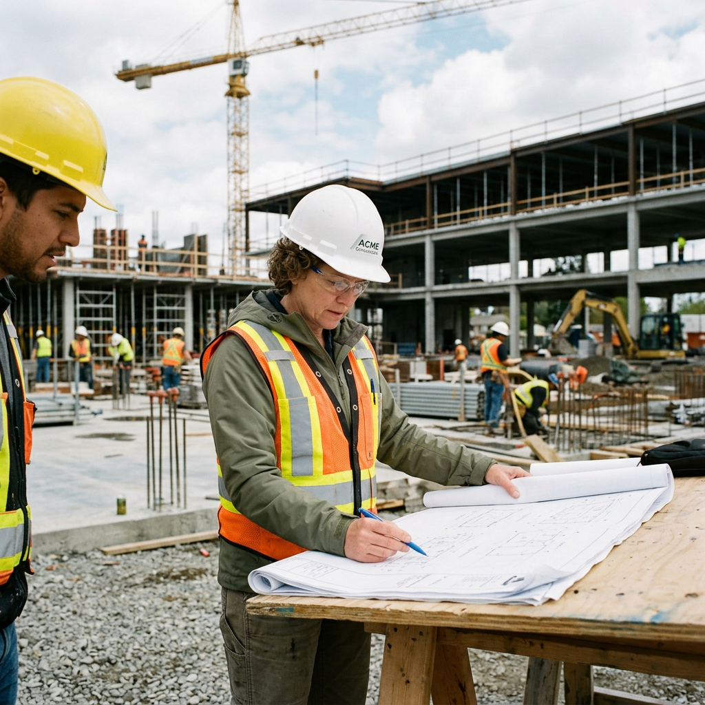 Construction project manager reviewing plans on-site