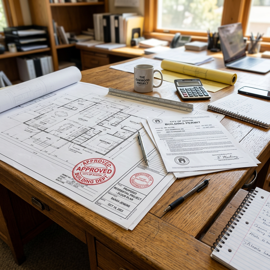 Building permits and approved plans on desk