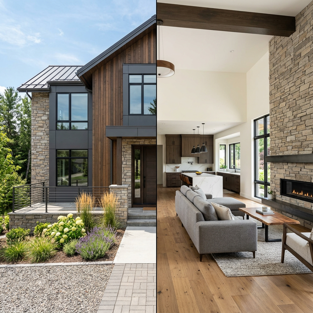Split view home exterior and interior finishes