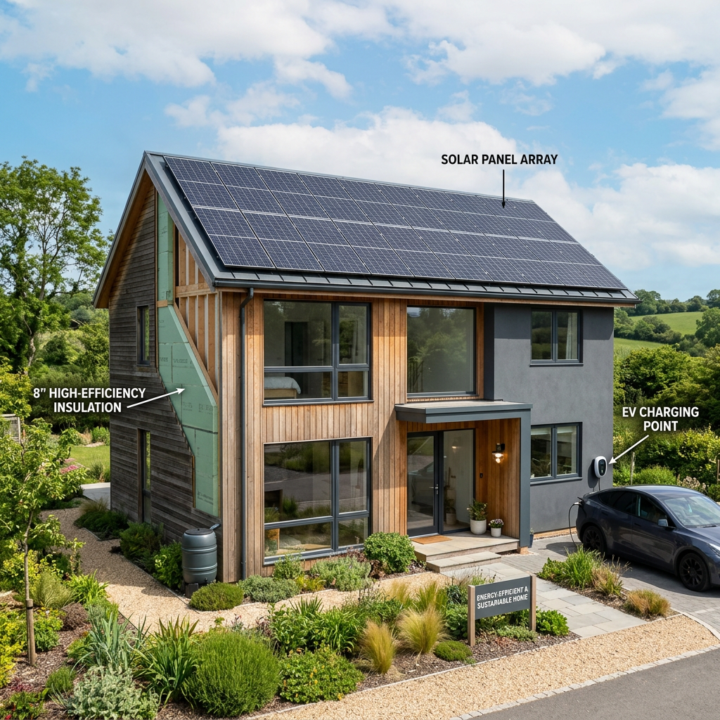 Energy-efficient home with solar panels and insulation