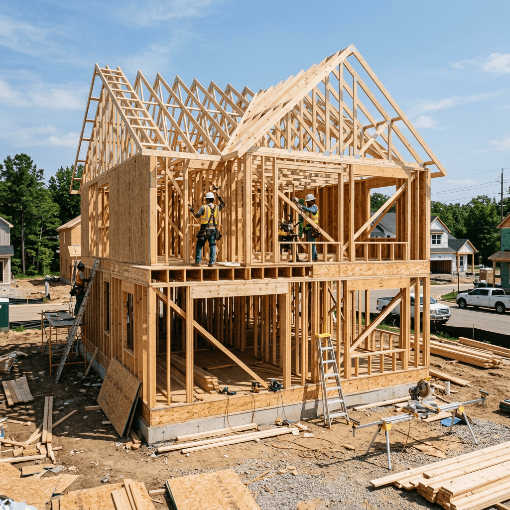 Wood house framing under construction