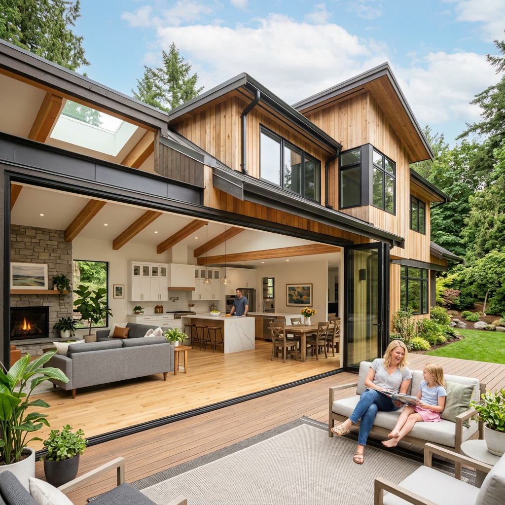 Open-concept modern home with living room, kitchen, and outdoor patio; woman and child sitting on patio sofa reading
