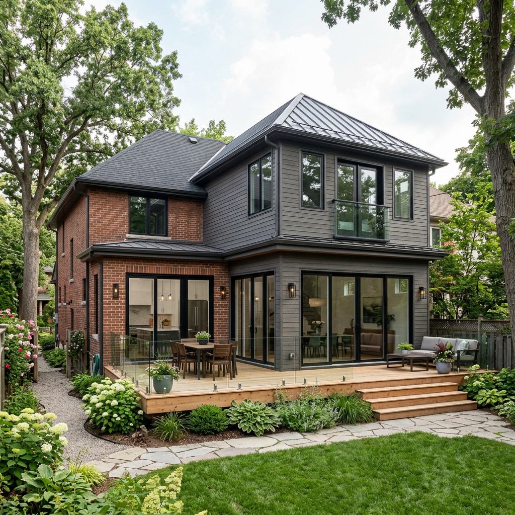Two-story house with brick and gray siding exterior, large windows, wooden deck with outdoor furniture, and landscaped garden
