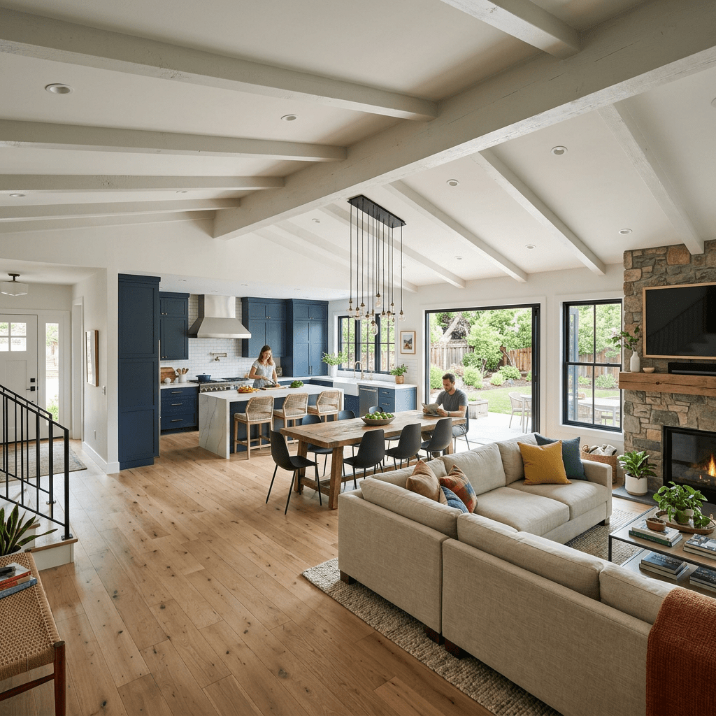 Open-concept kitchen with blue cabinets, island, dining table, and living room with beige sofas and fireplace